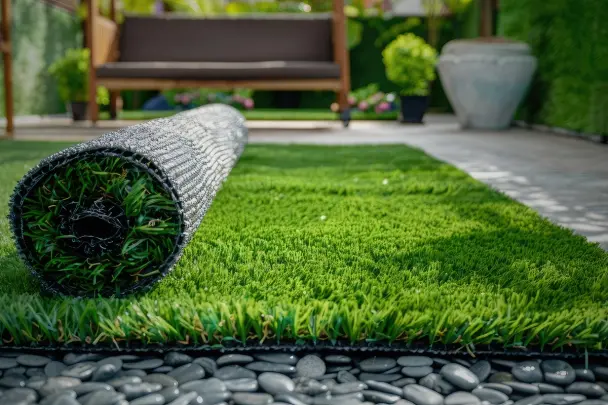 Artificial grass lawn with even green coverage in a residential garden setting
