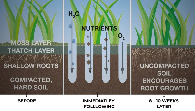 Three stages of lawn aeration showing improved soil, deeper roots, and healthier grass from compacted soil to 8–10 weeks after aeration.