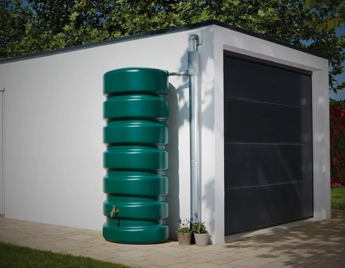 Green water butt placed in a garden collecting rainwater from a downpipe