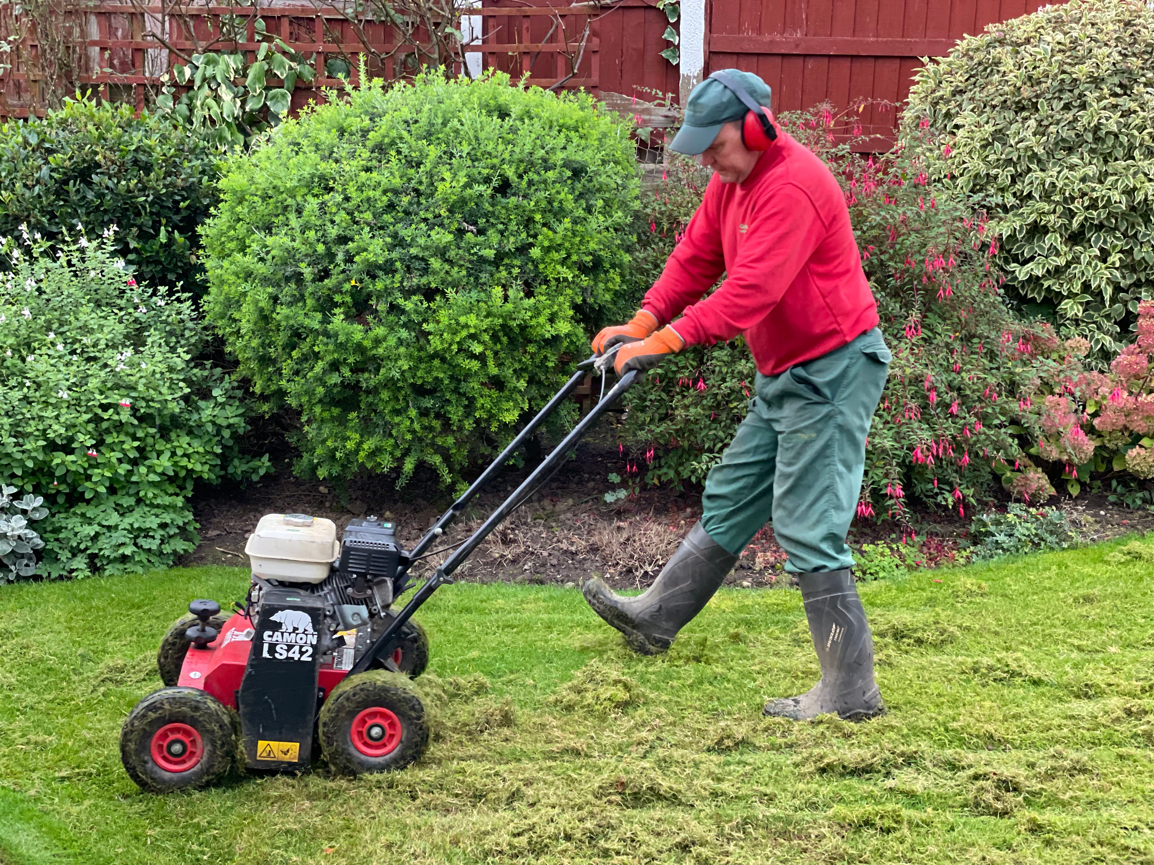 GreenThumb technician performing lawn scarification to clear away thatch