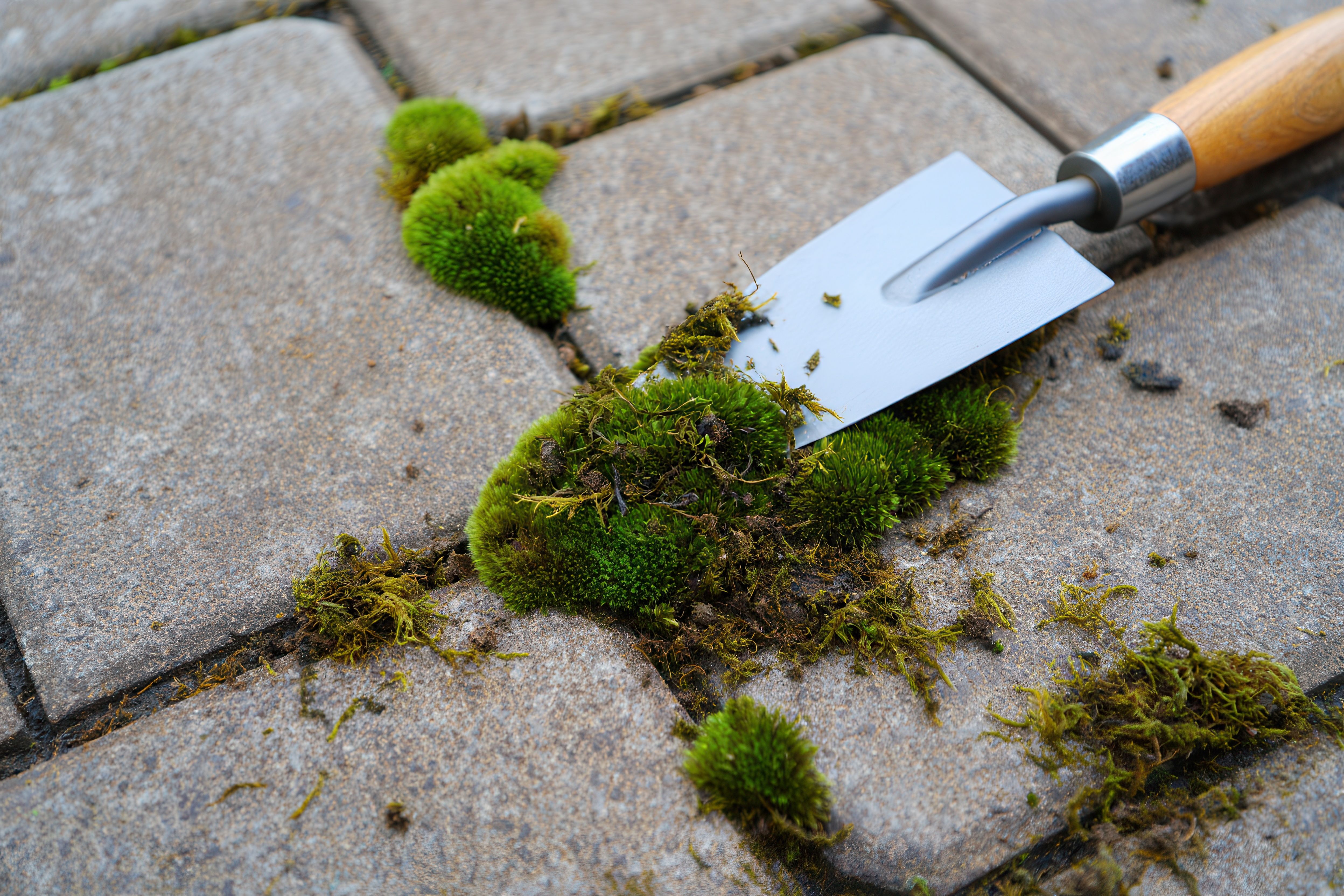 Green moss growing between patio stones