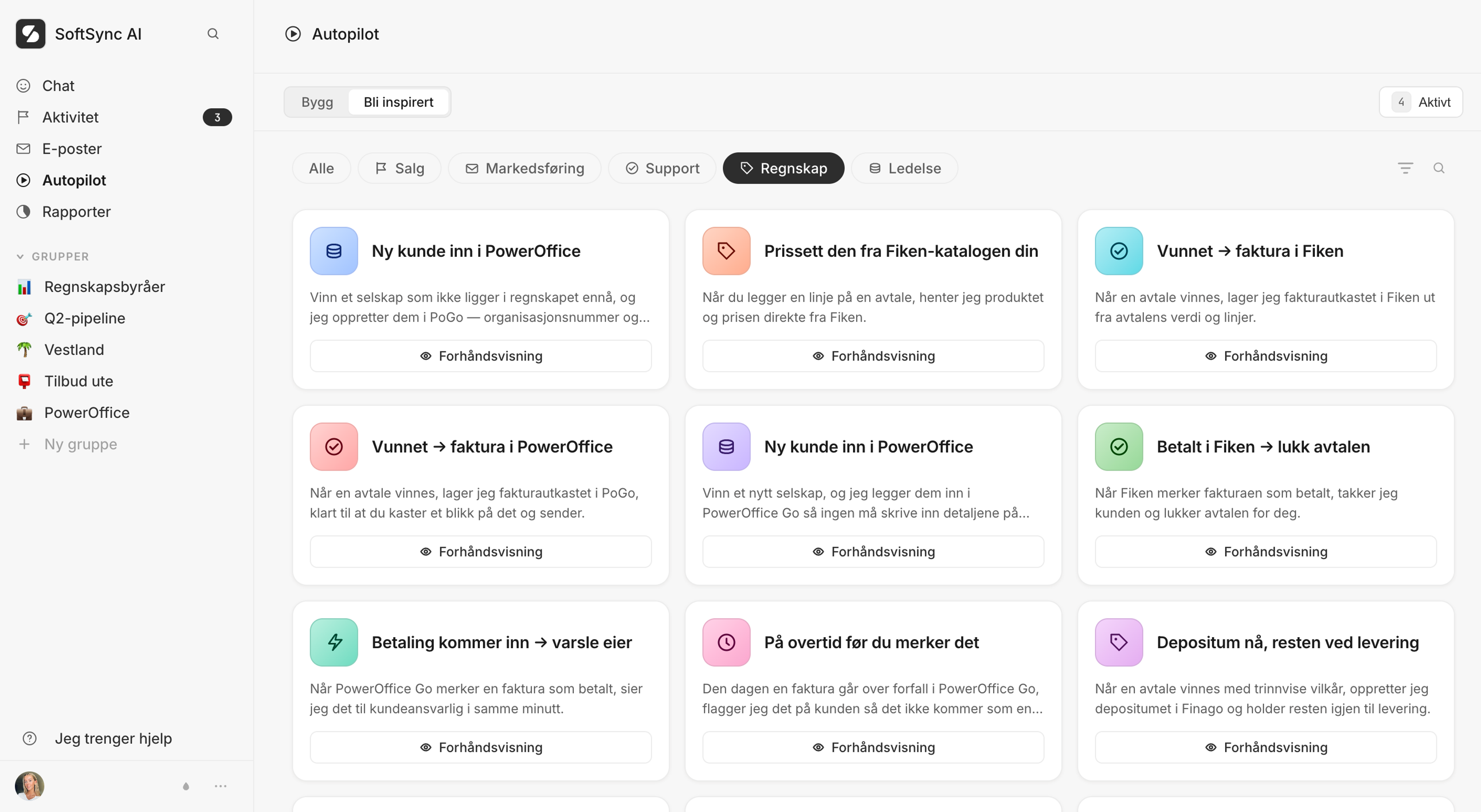 Ferdige oppskrifter i SoftSync: lag faktura i PowerOffice Go når en avtale vinnes, følg opp tilbud som er blitt stille, og si fra om forfalte fakturaer