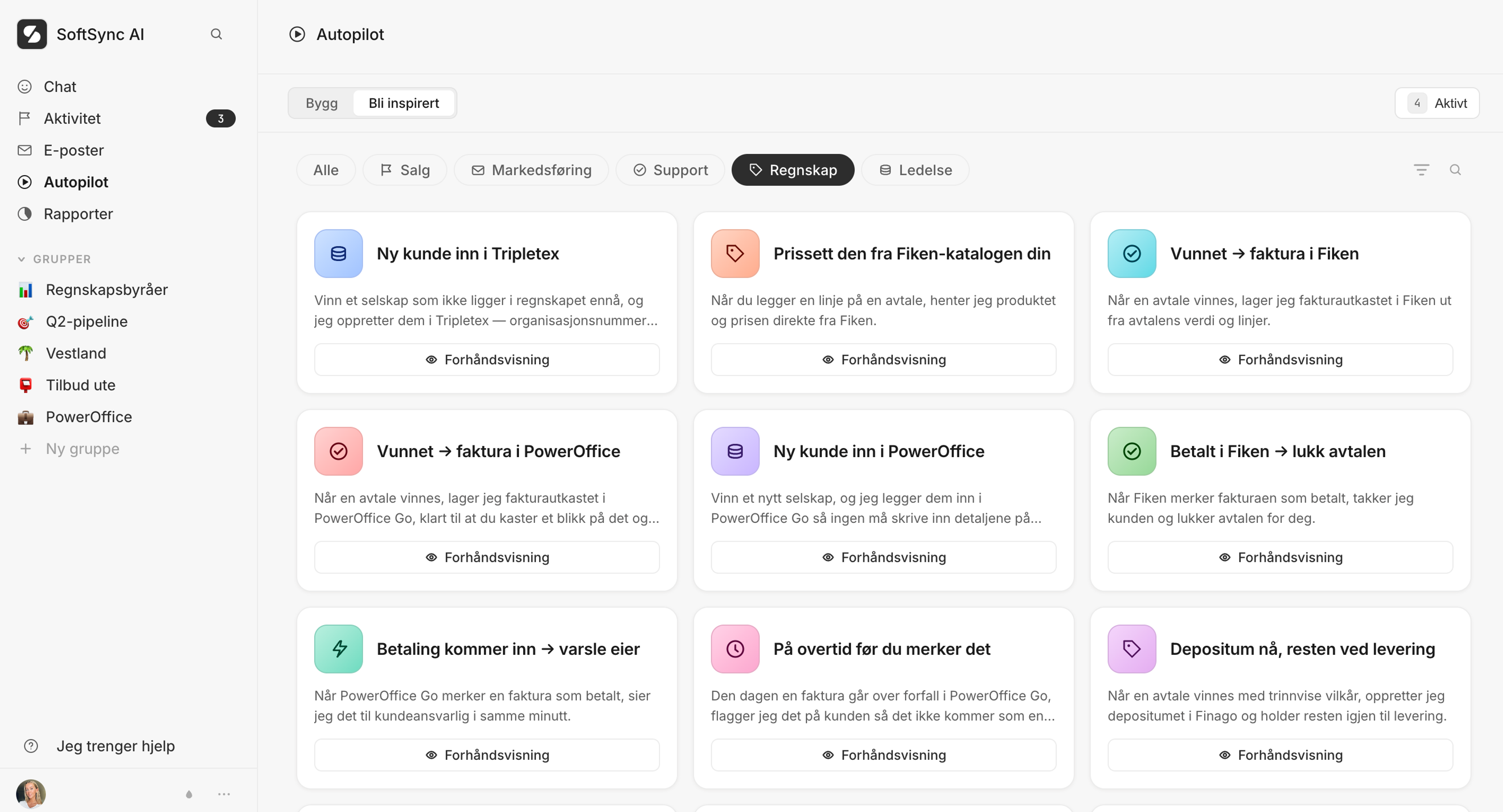 Ferdige oppskrifter i SoftSync: opprett prosjekt i Tripletex når en avtale vinnes, følg opp tilbud som er blitt stille, og si fra om forfalte fakturaer