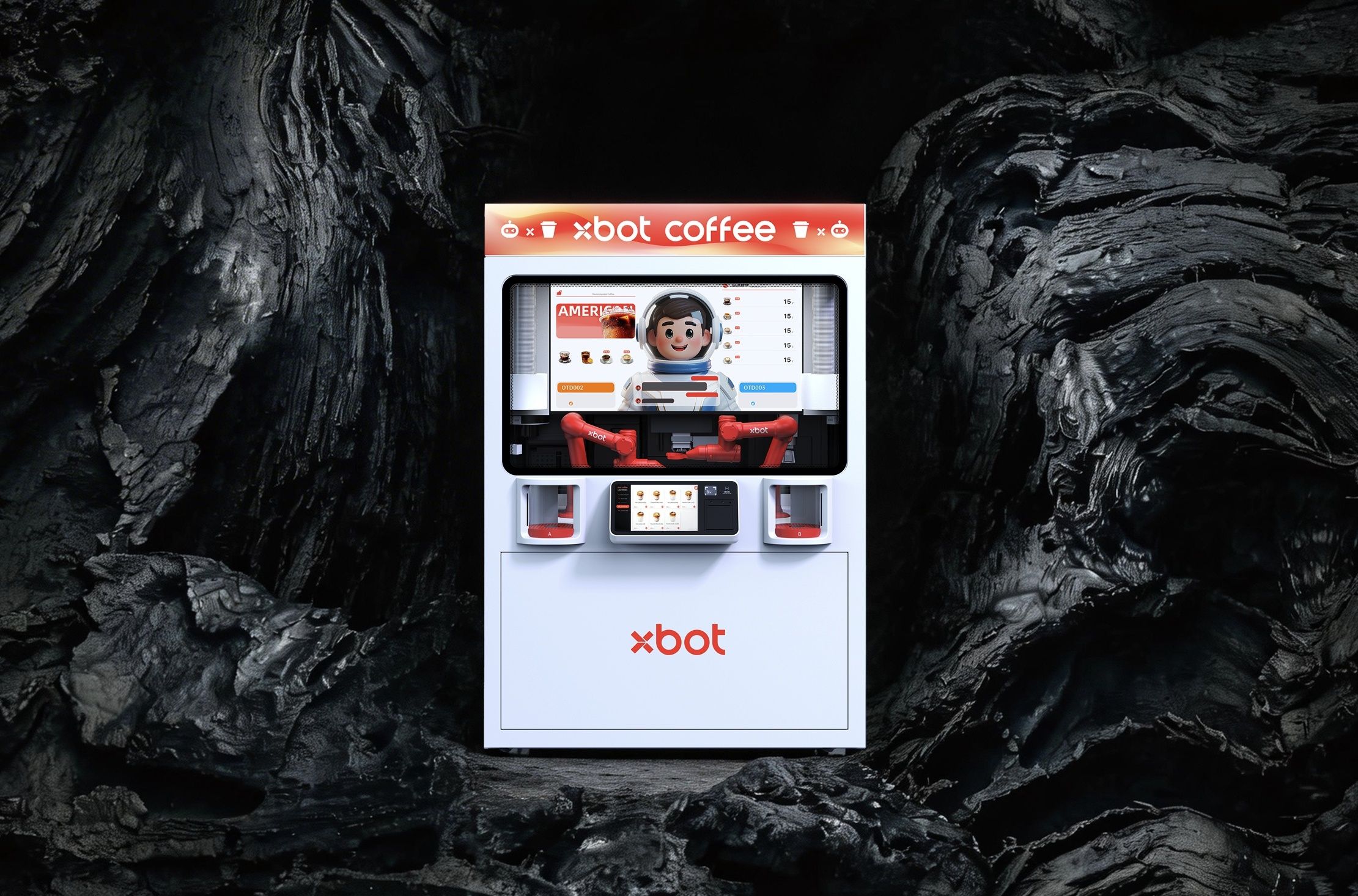 XBOT automated coffee kiosk displayed in a dark futuristic environment, featuring robotic coffee-making technology and the slogan “Serve Perfect Coffee Anytime.”