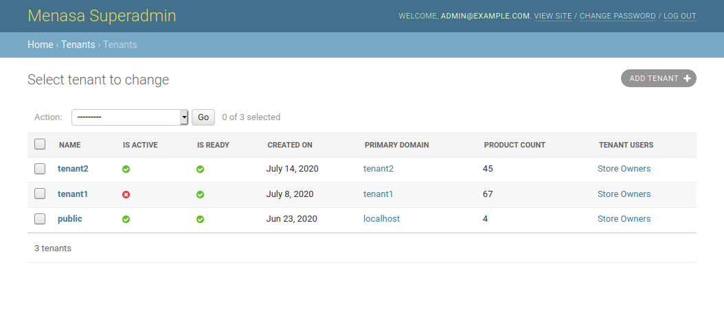 How to manage tenants in the multitenant app based on django_tenants and saleor.io platform