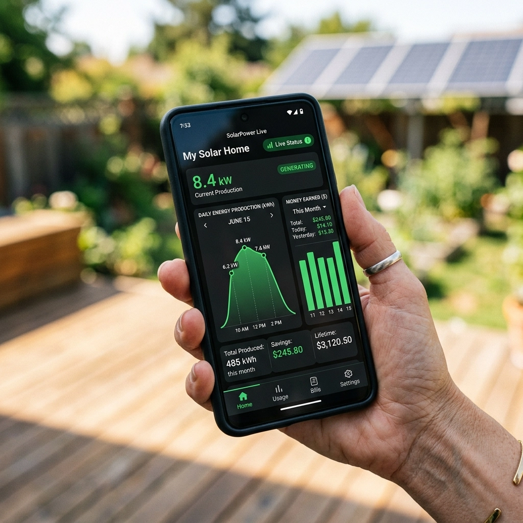 My solar home app showing solar energy input and usage