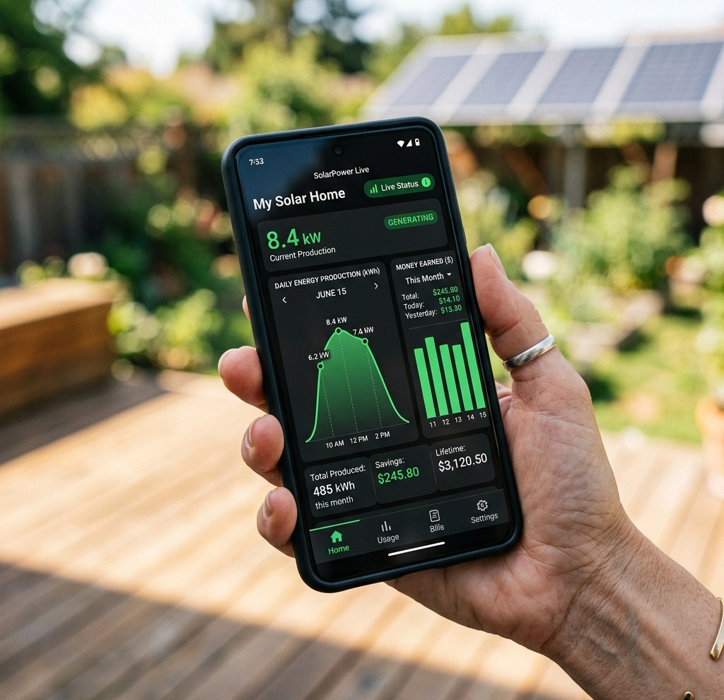 My solar home app showing solar energy input and usage
