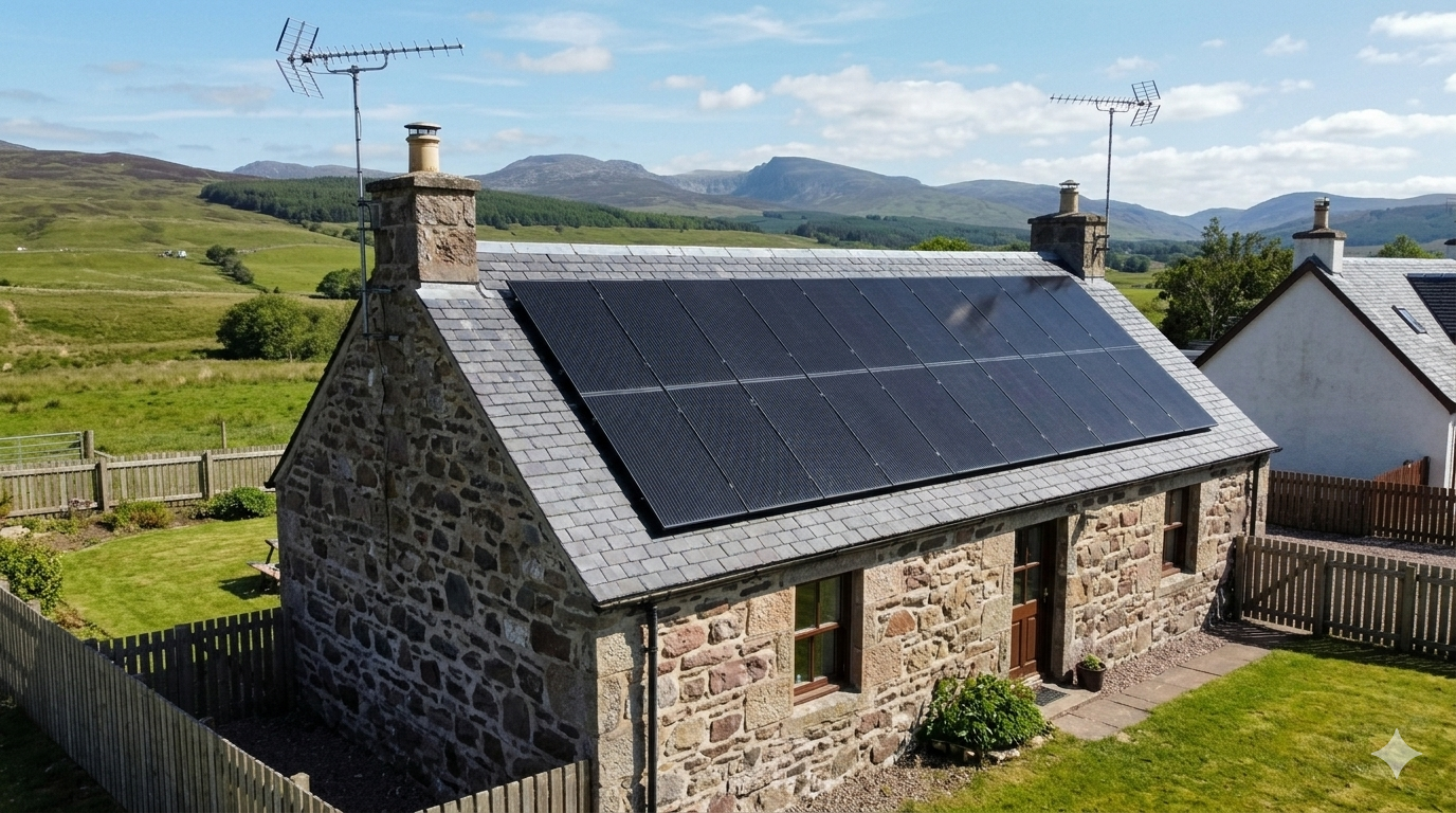 Bungalow with solar panels in the highlands