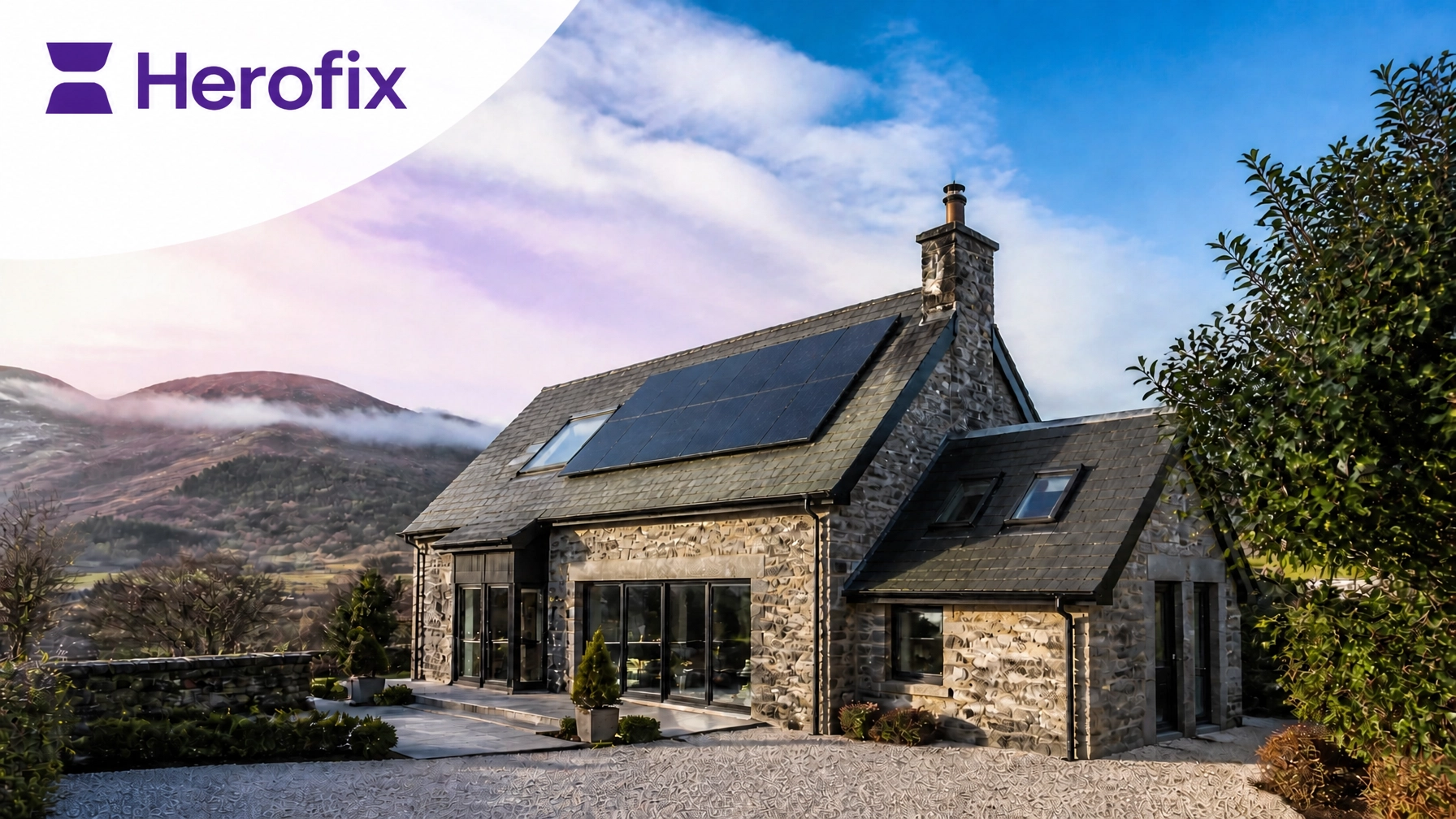 Modern Scottish home in Perthshire with solar panels on a slate roof