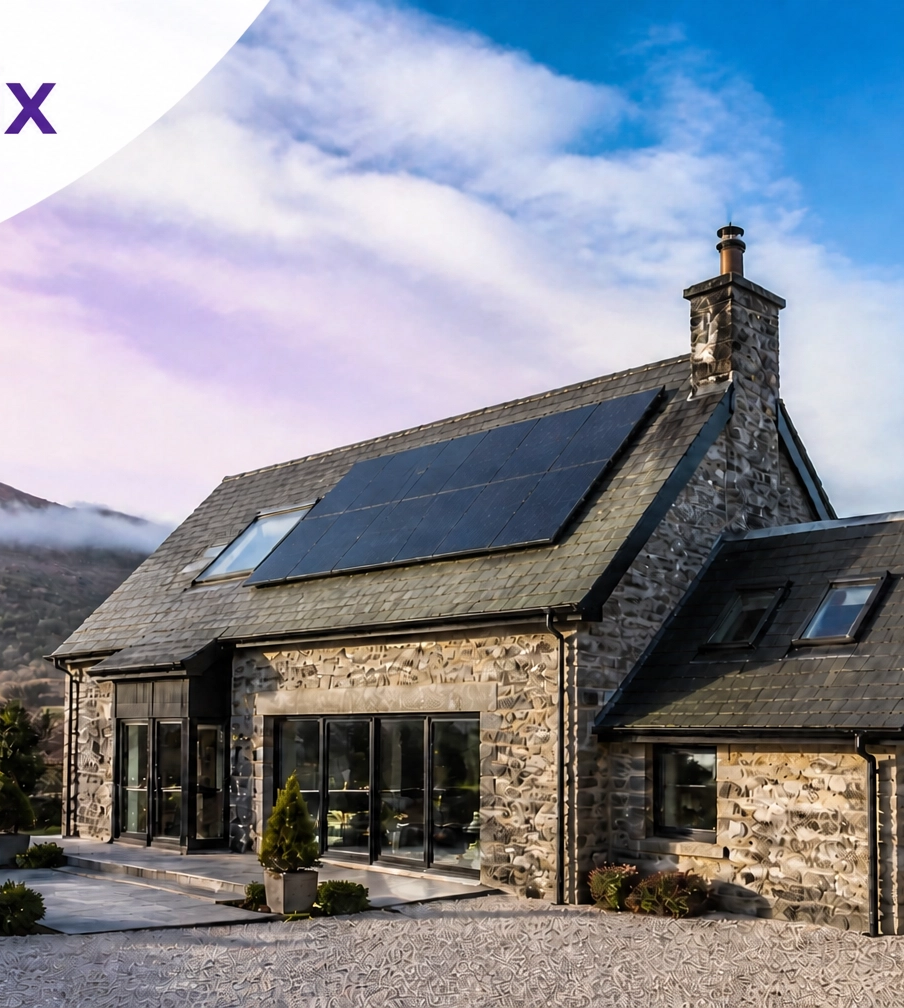 Modern Scottish home in Perthshire with solar panels on a slate roof
