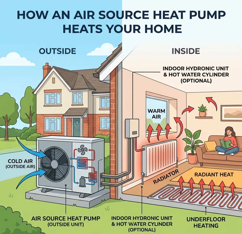 How an air source heat pump heats your home