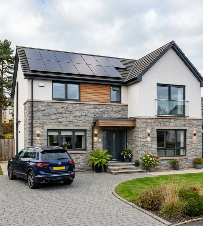 modern home installed with solar panels