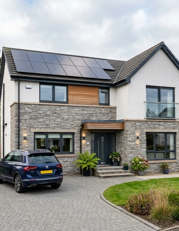 modern home installed with solar panels