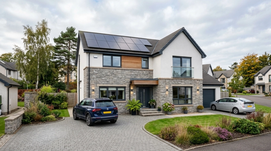 modern home installed with solar panels