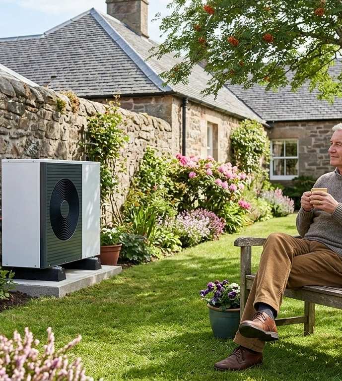 Man sitting on wooden bench in garden with heat pump unit against stone cottage wall, surrounded by blooming purple flowers