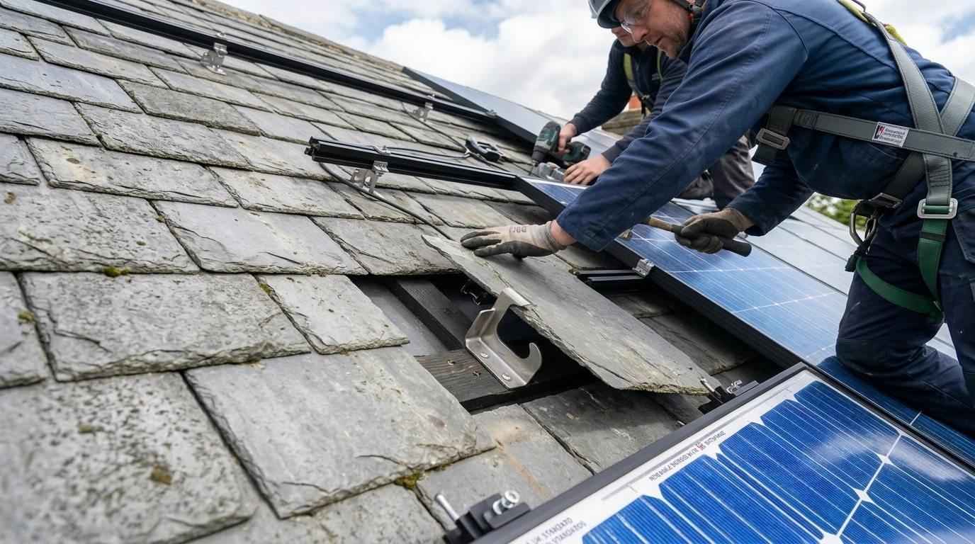 installers fitting on slate roofing
