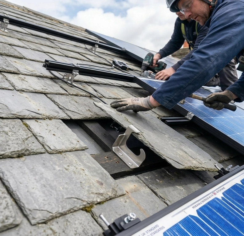 installers fitting on slate roofing