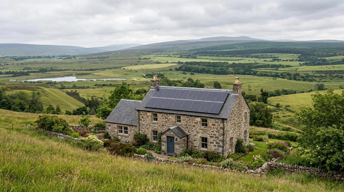 Stone farmhouse with solar panels on roof overlooking green rolling hills, fields, and distant mountains under cloudy sky