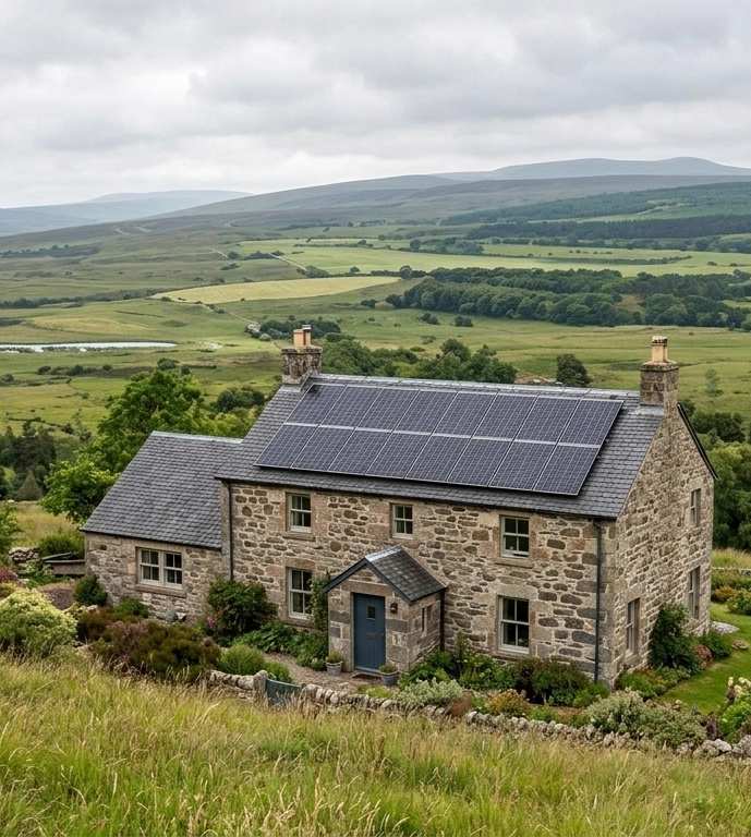Stone farmhouse with solar panels on roof overlooking green rolling hills, fields, and distant mountains under cloudy sky