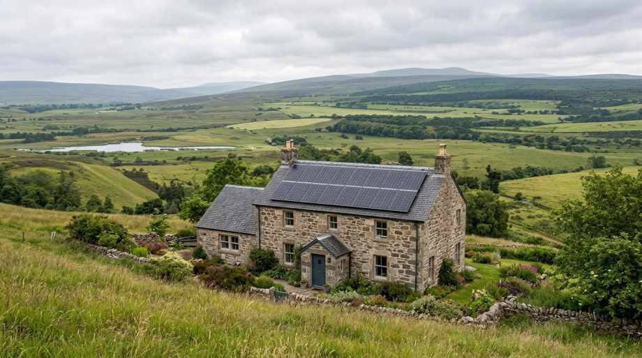 Stone farmhouse with solar panels on roof overlooking green rolling hills, fields, and distant mountains under cloudy sky