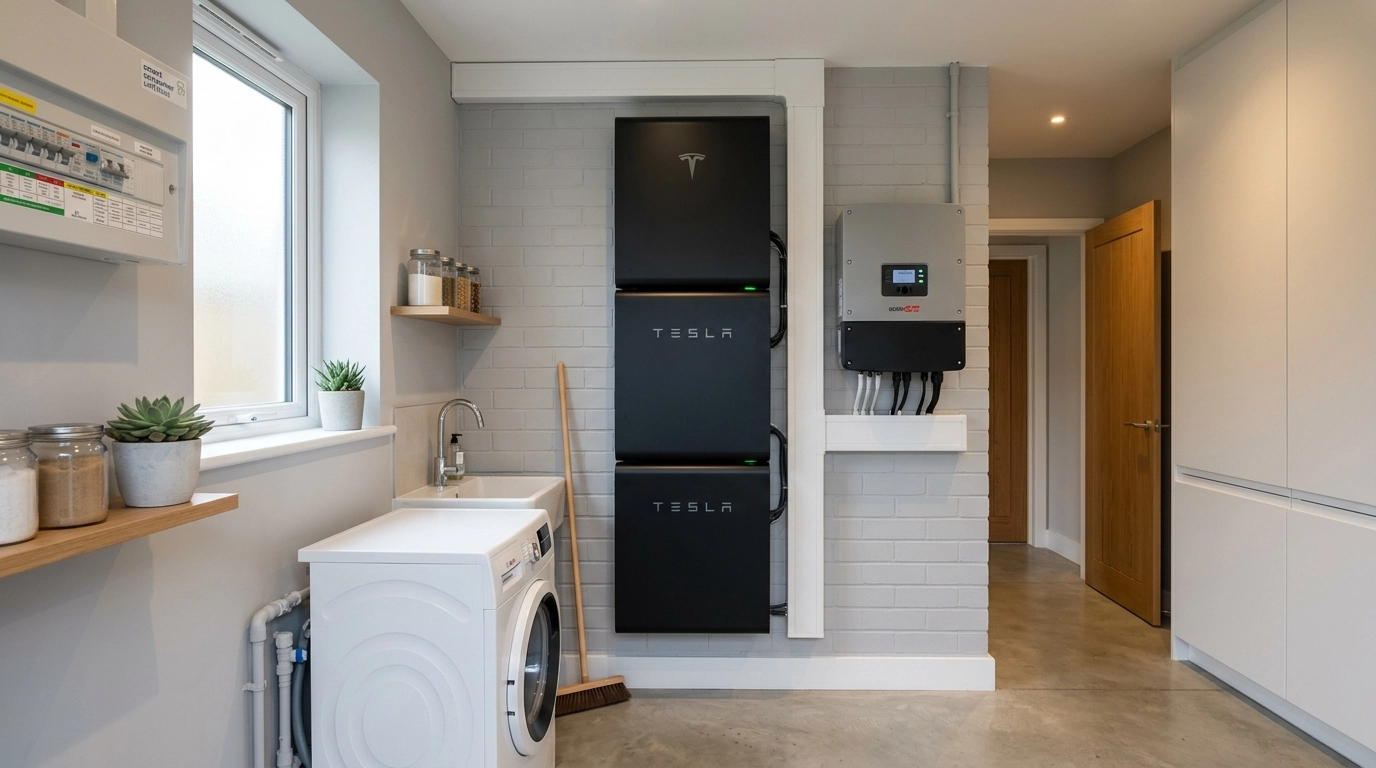 A modern home battery storage setup in a garage or utility room, typical of the clean, practical systems now being fitted in homes across Tayside.