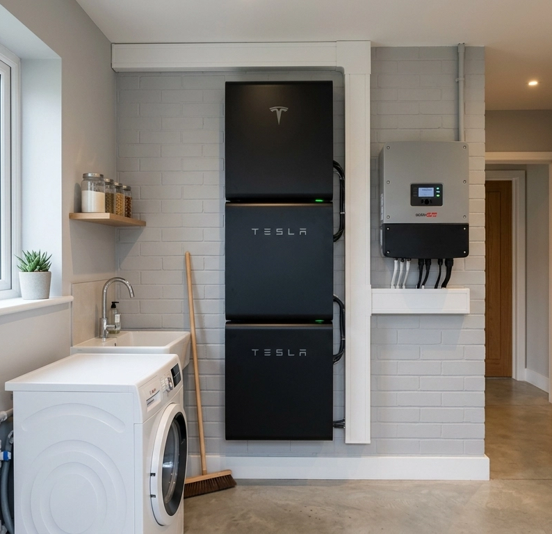 A modern home battery storage setup in a garage or utility room, typical of the clean, practical systems now being fitted in homes across Tayside.
