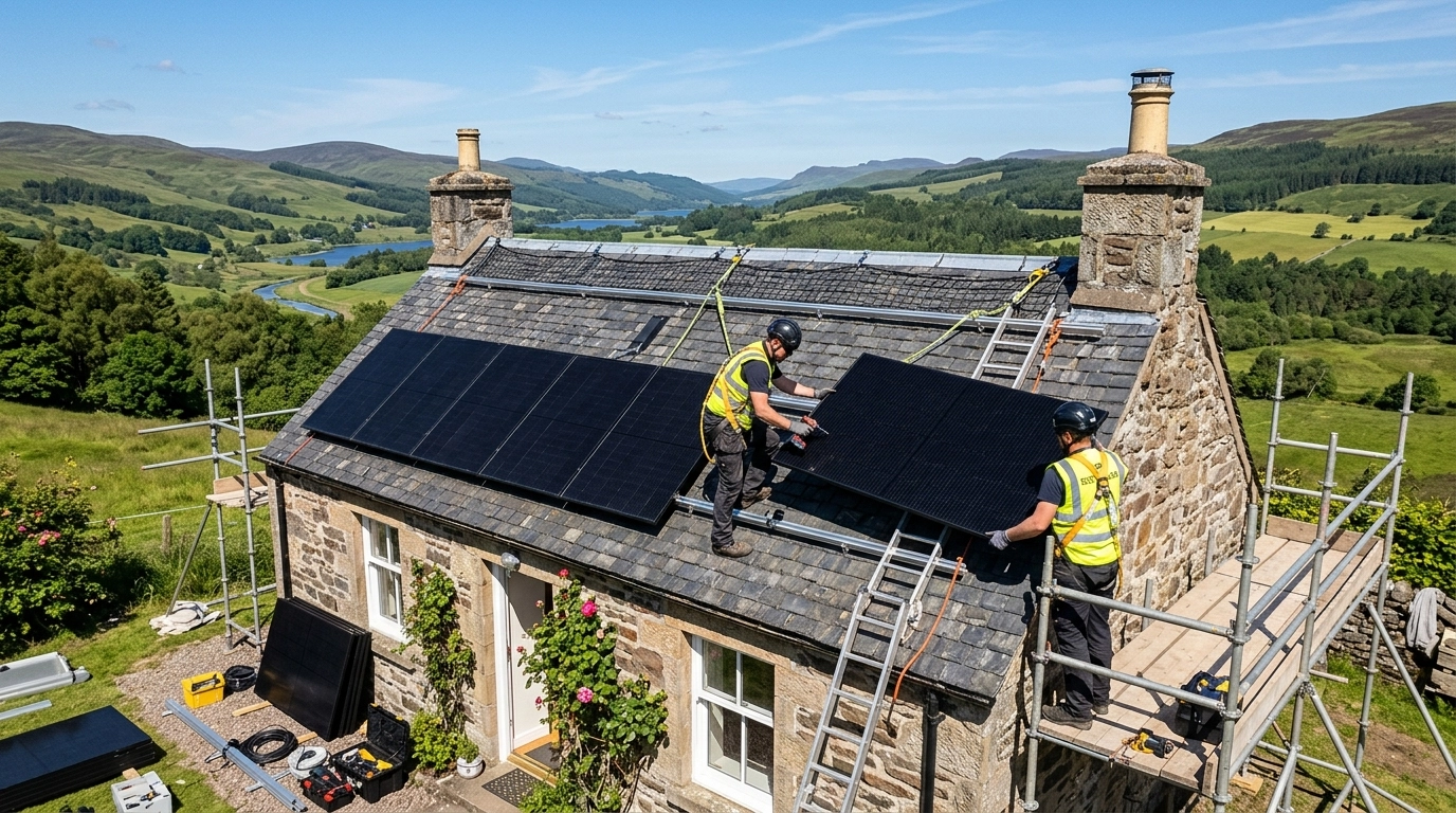 Two solar panel installers placing solar panels