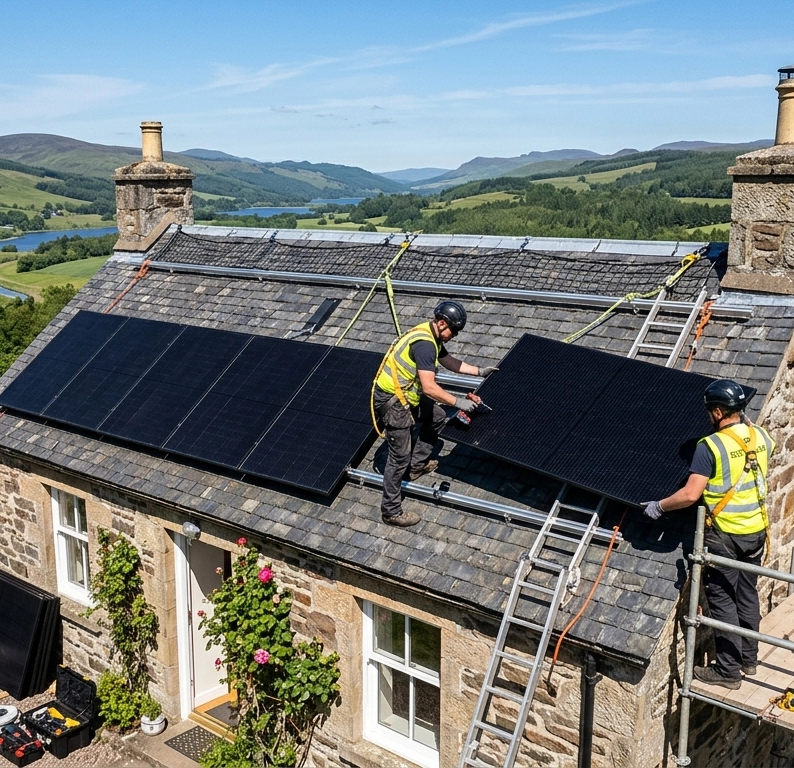 Two solar panel installers placing solar panels