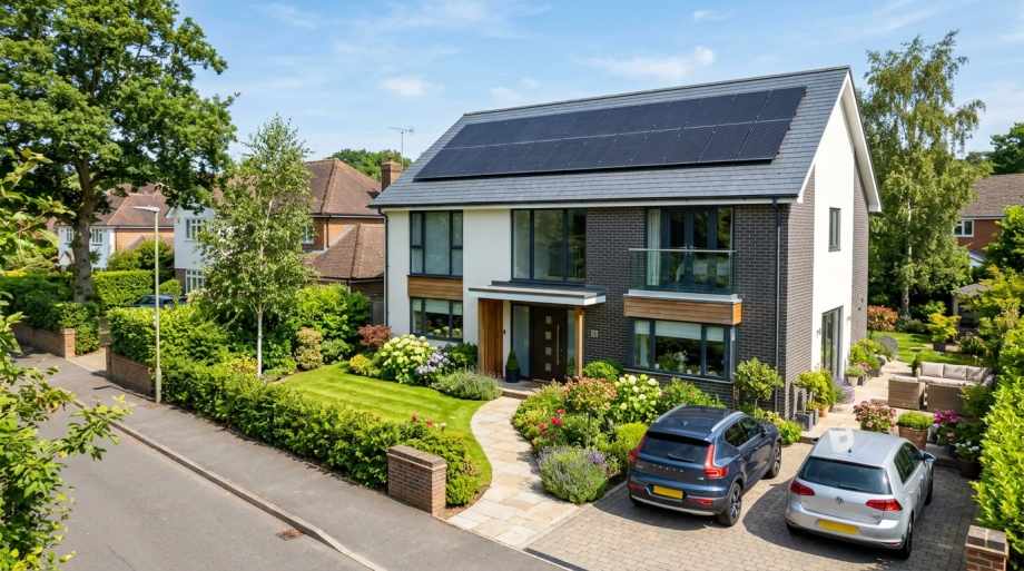 Modern brick house with solar panels on roof, manicured garden, driveway with two parked cars, surrounded by green trees