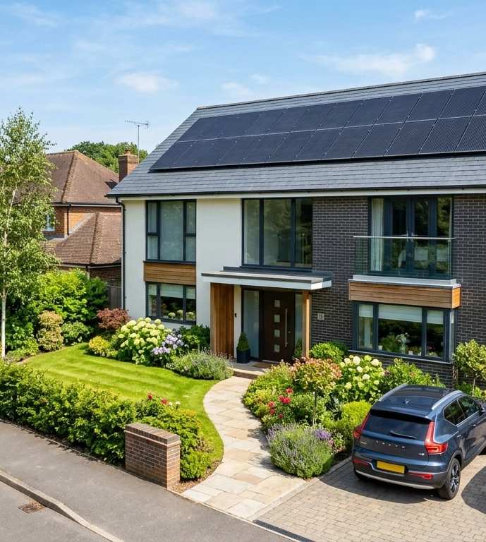 Modern brick house with solar panels on roof, manicured garden, driveway with two parked cars, surrounded by green trees