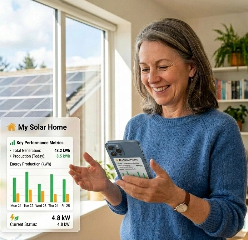 Woman looking at her solar savings on an app