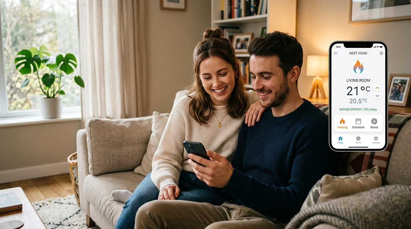 Two people checking their energy running costs and temperature on a mobile phone