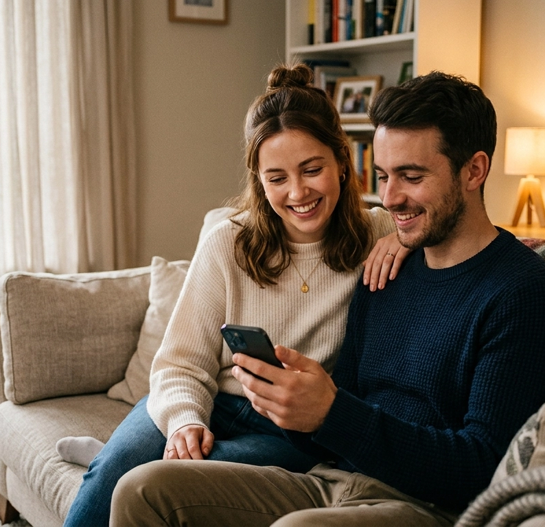 Two people checking their energy running costs and temperature on a mobile phone