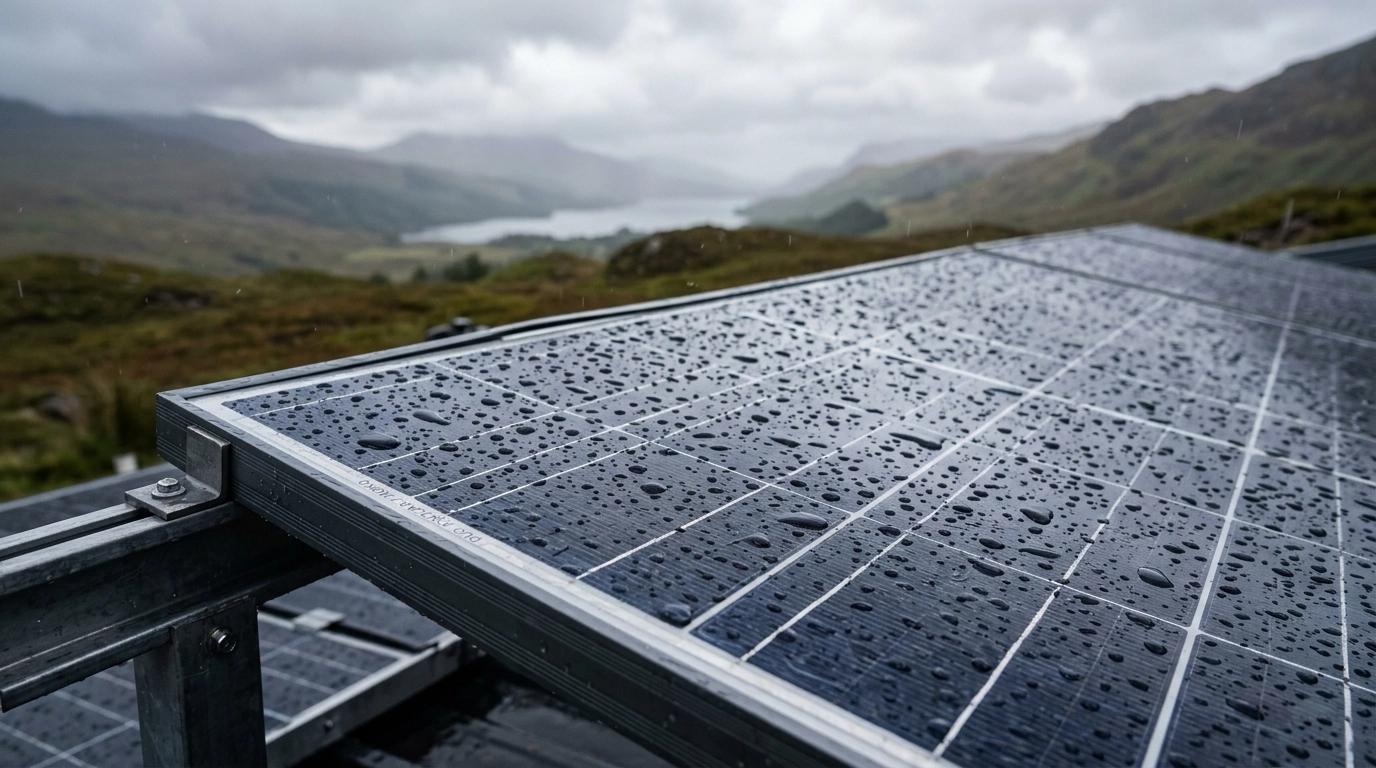 Solar panels with rain droplets