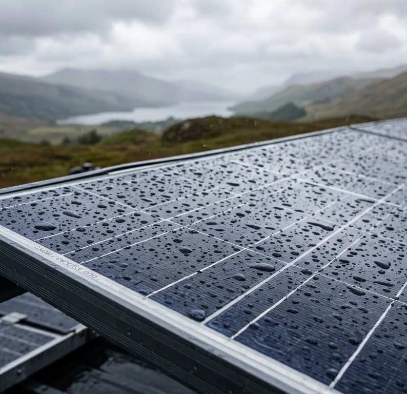 Solar panels with rain droplets