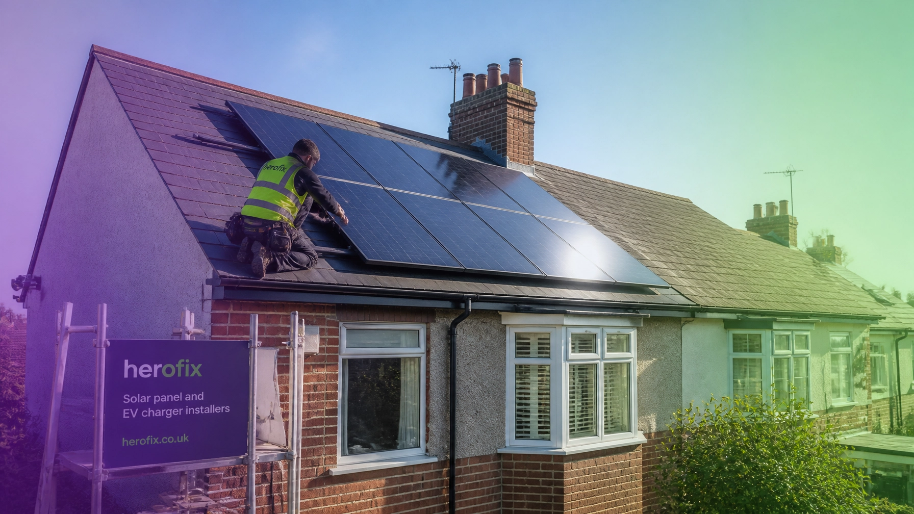 A professional installer fitting solar panels on a UK roof during a bright morning.