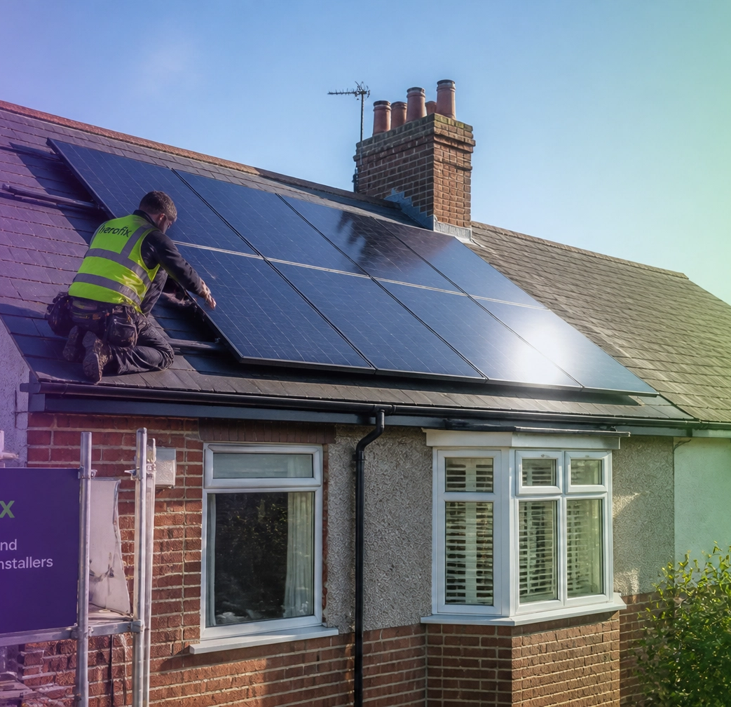 A professional installer fitting solar panels on a UK roof during a bright morning.