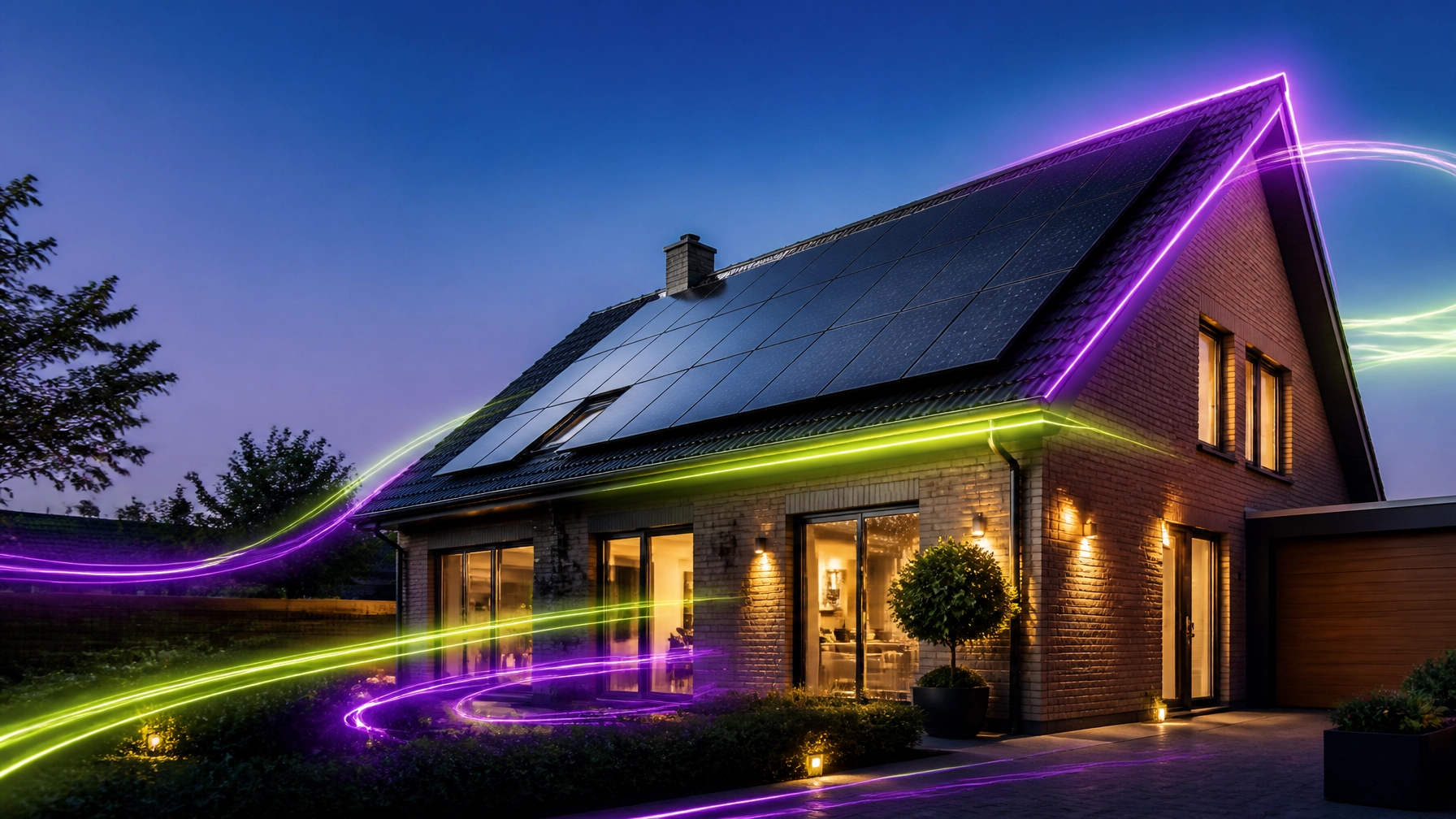 A modern British home with solar panels glowing with purple and green energy lines, symbolising the 2026 energy transition.