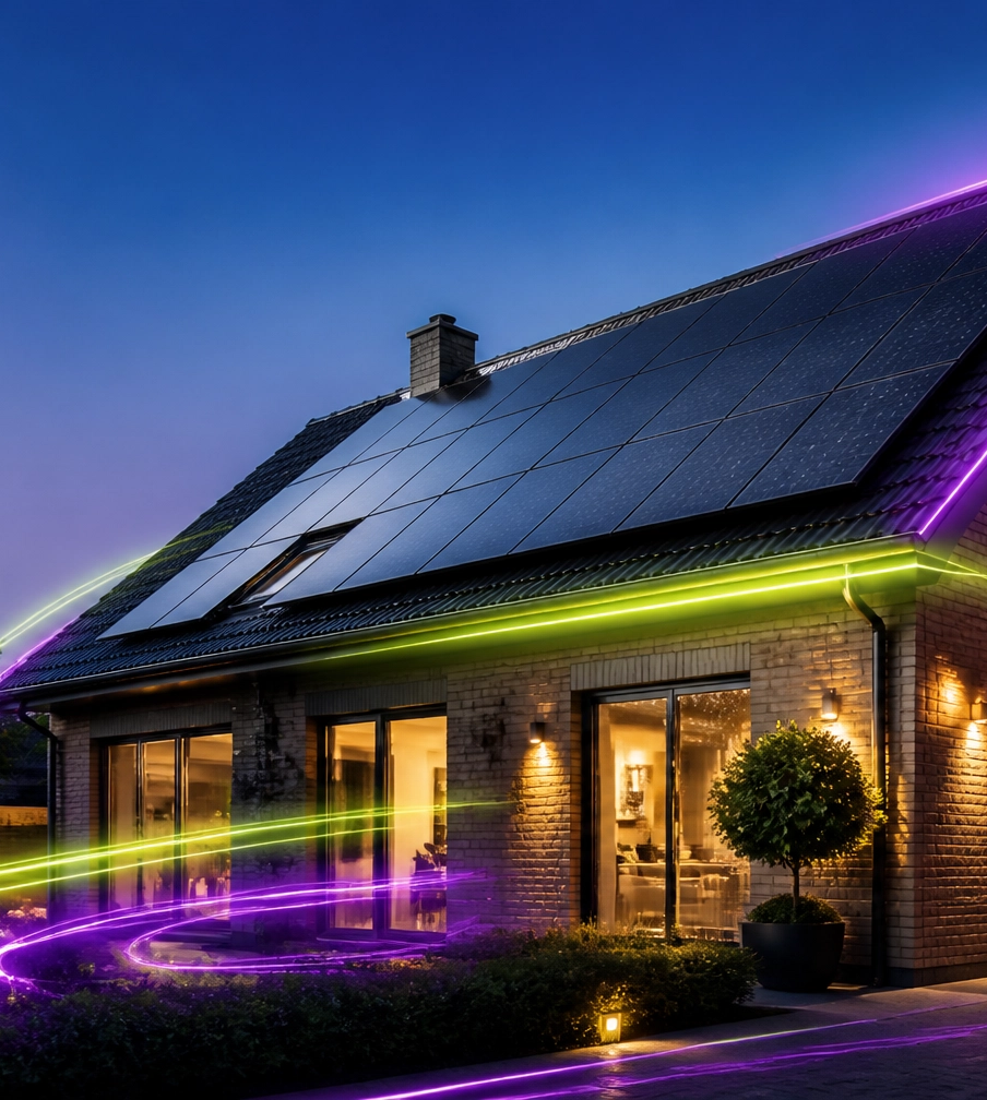 A modern British home with solar panels glowing with purple and green energy lines, symbolising the 2026 energy transition.