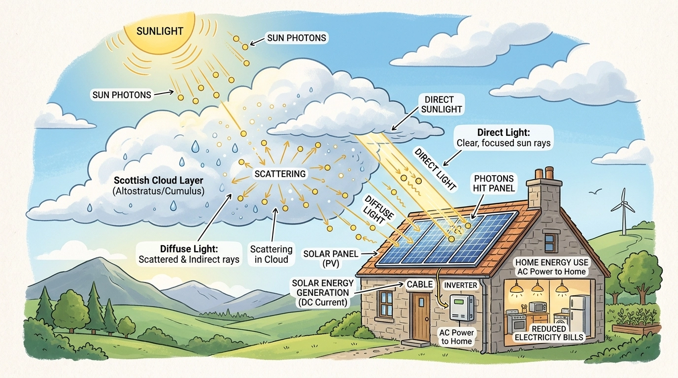 Graphic showing how solar panels work in scottish weather