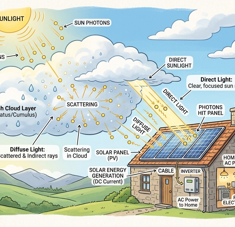 Graphic showing how solar panels work in scottish weather