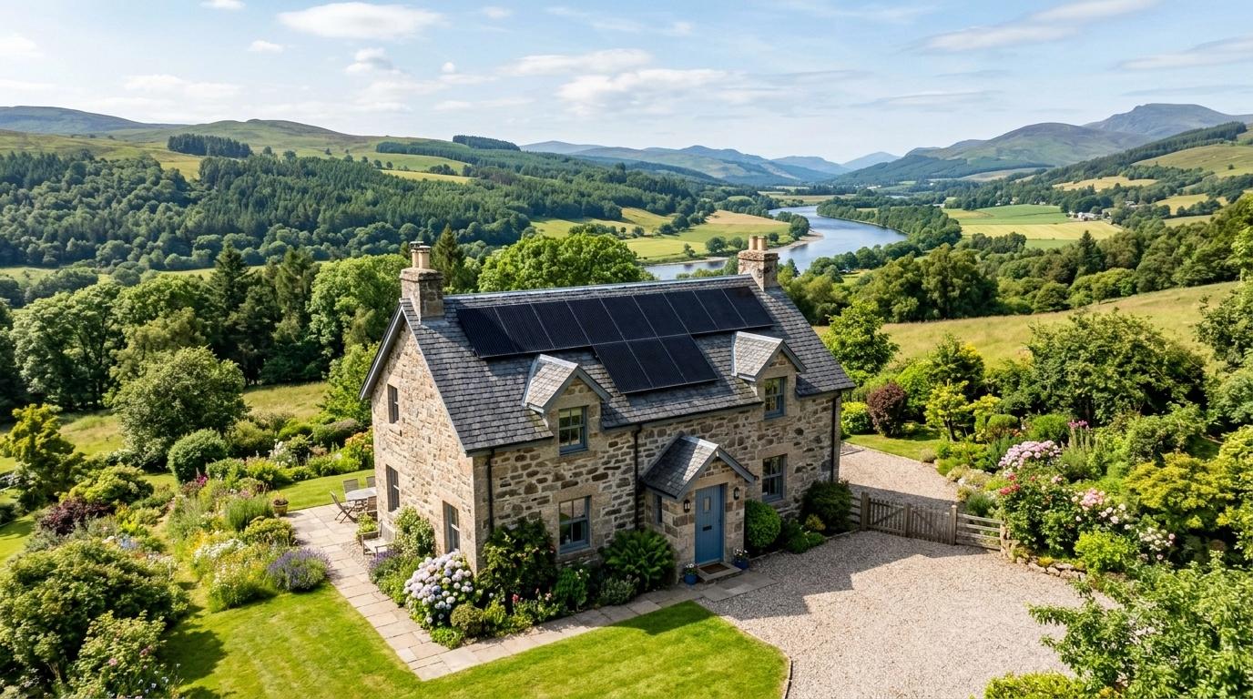 Stone cottage with solar panels overlooking a river valley, surrounded by lush green hills, forests, and mountains