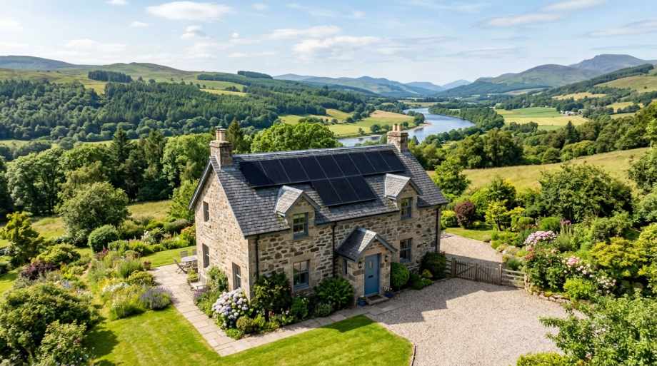 Stone cottage with solar panels overlooking a river valley, surrounded by lush green hills, forests, and mountains