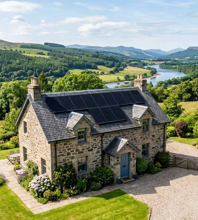 Stone cottage with solar panels overlooking a river valley, surrounded by lush green hills, forests, and mountains