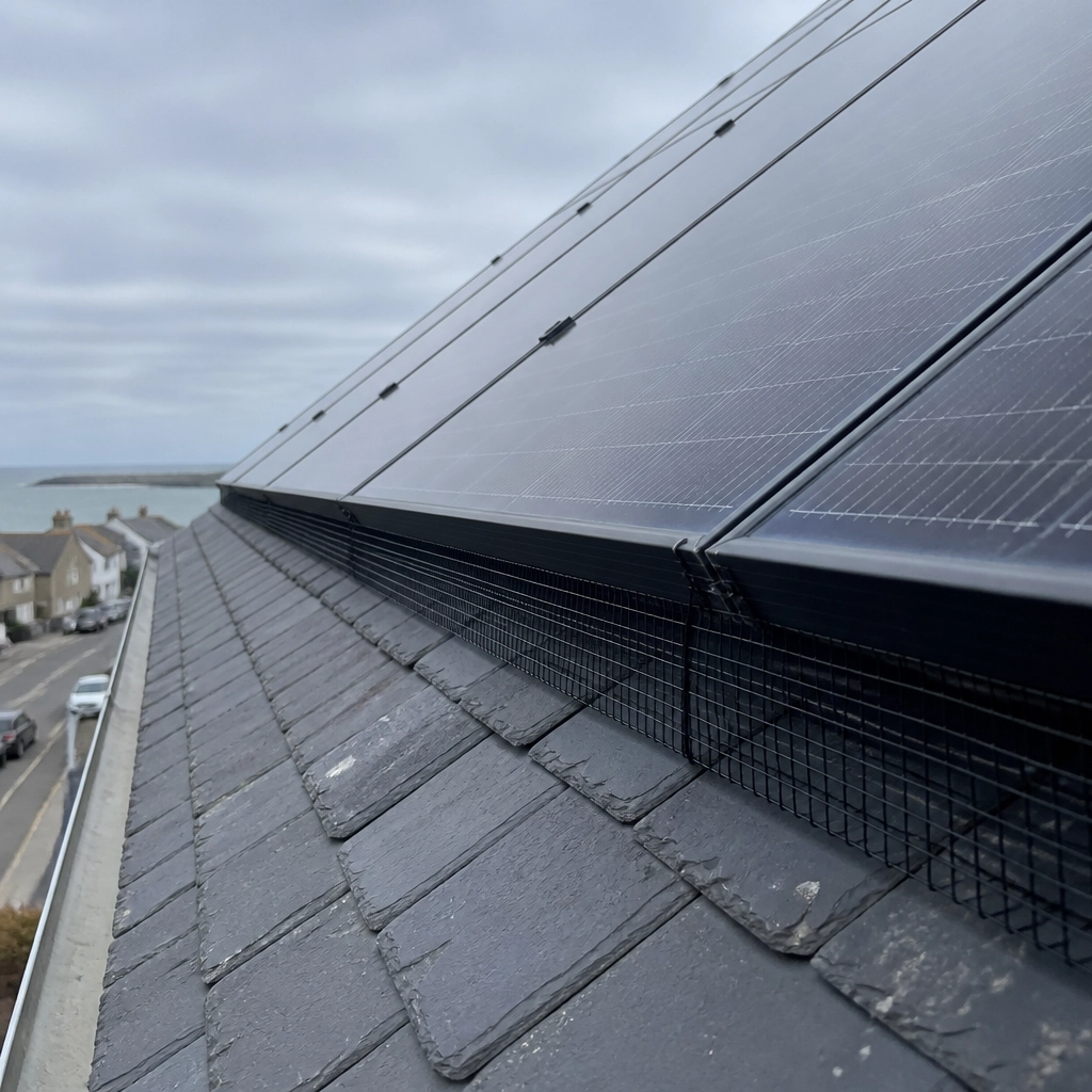 Installation of bird guarding on solar panels