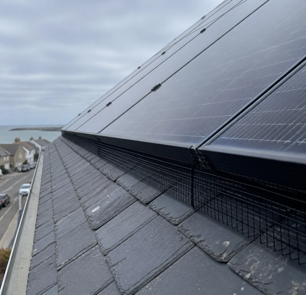 Installation of bird guarding on solar panels