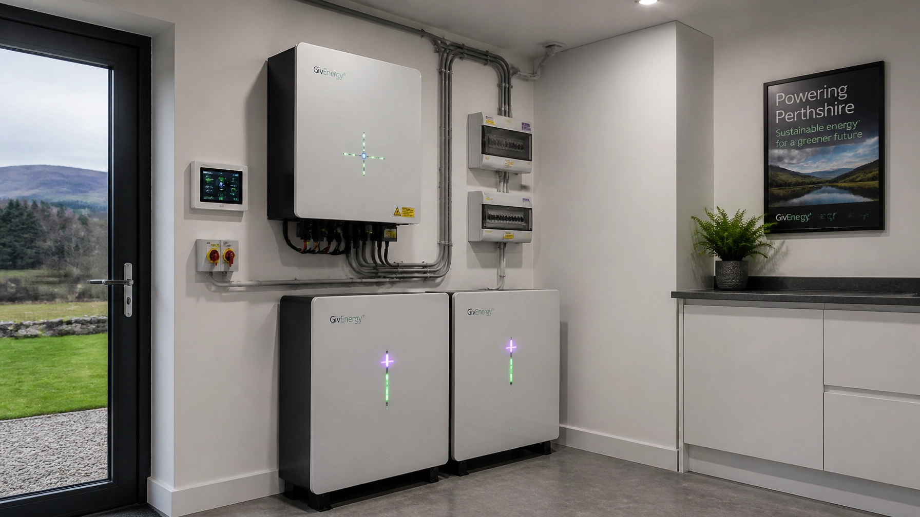 Sleek modern home battery storage and solar inverter system in a Perthshire utility room