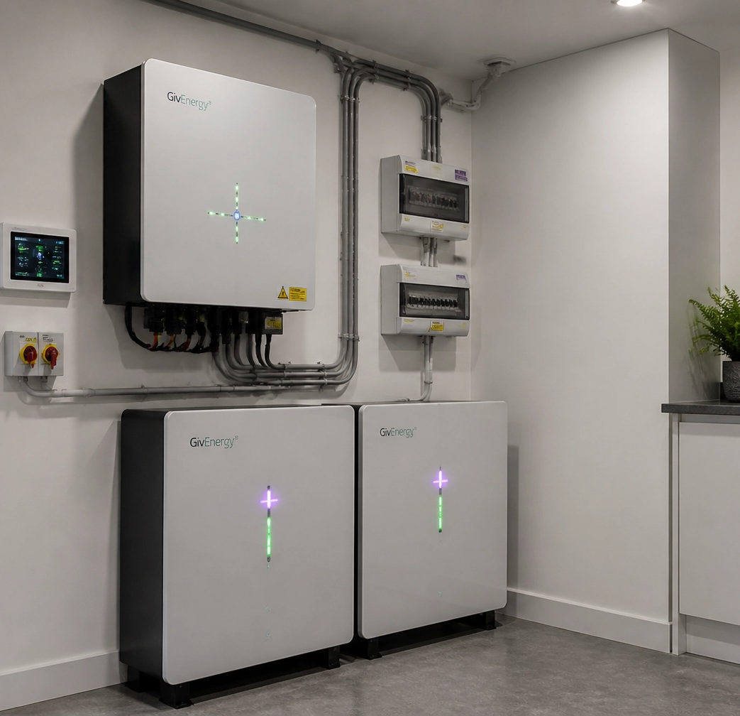 Sleek modern home battery storage and solar inverter system in a Perthshire utility room