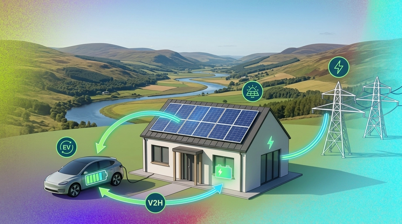 Generated image of an electric car being charged from a home