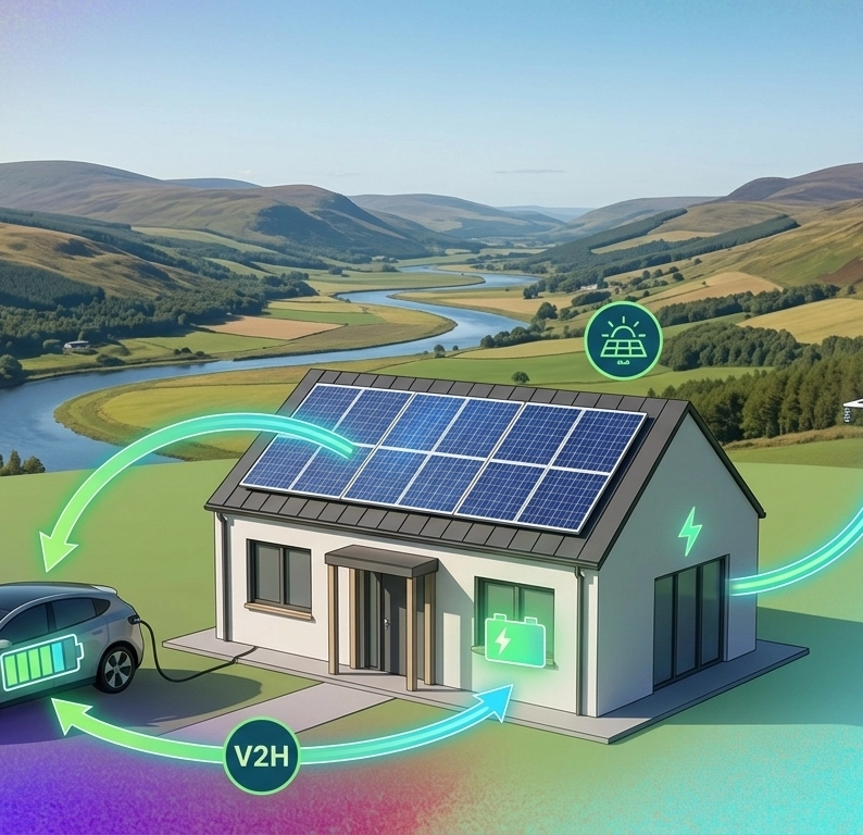 Generated image of an electric car being charged from a home